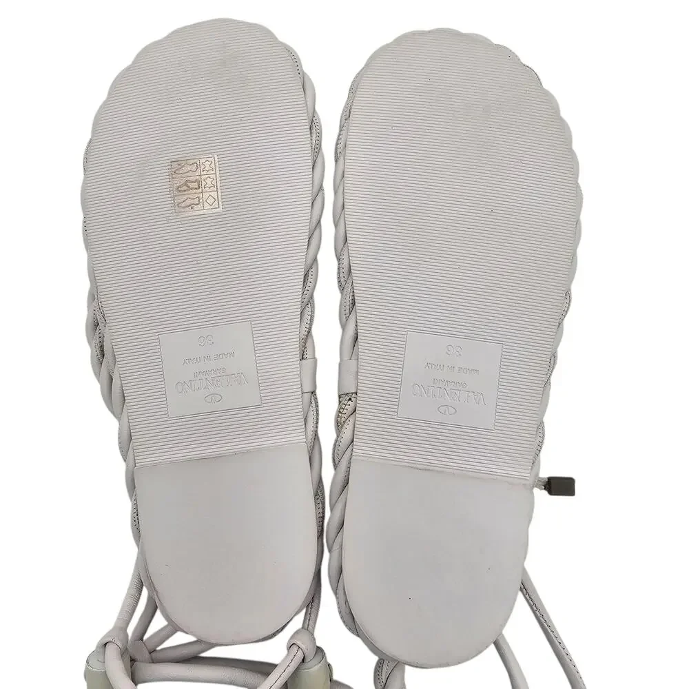 Valentino Garavani White Braided Leather Gladiator Flat Tie Sandal Size 36 US 6